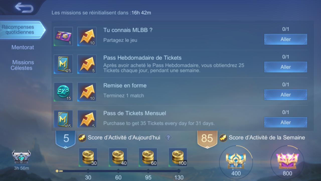 Tâches quotidiennes Mobile Legends