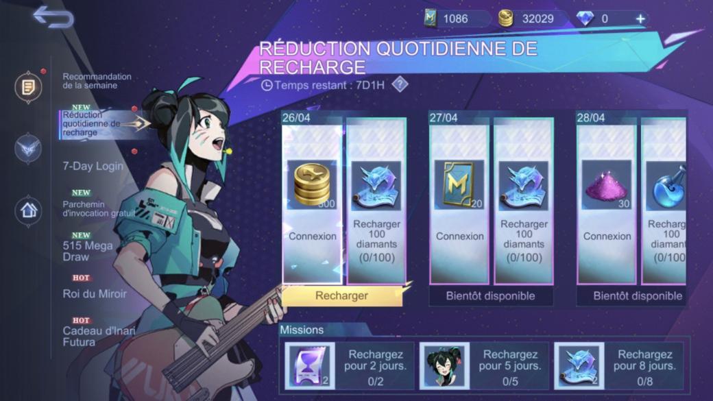 Diamants gratuits MLBB réduction quotidienne de recharge