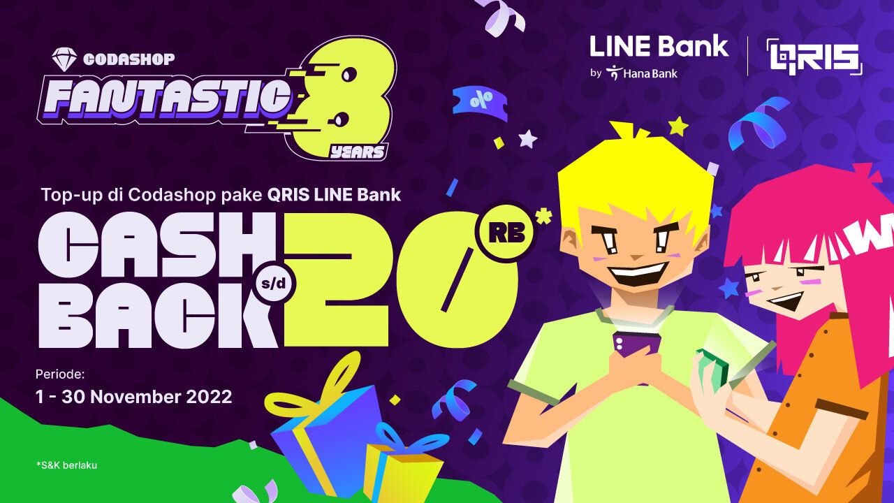 CODASHOP FANTASTIC 8: CASHBACK 20RB PAKAI PROMO LINE BANK