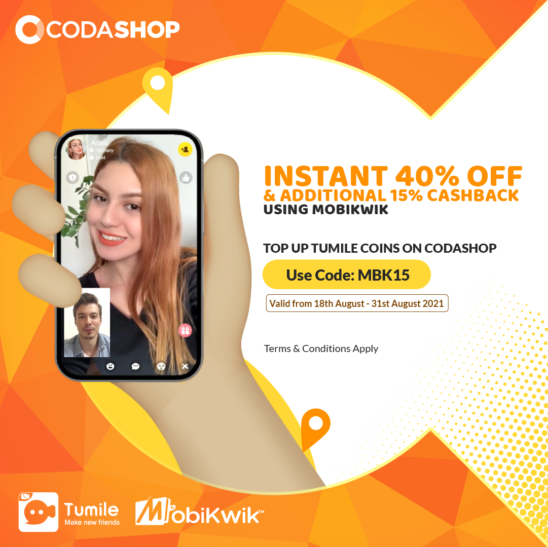 Get a 40% Off 15% Cashback on Tumile Coins using MobiKwik on Codashop Get a 40% Off 15% Cashback on Tumile Coins using MobiKwik on Codashop