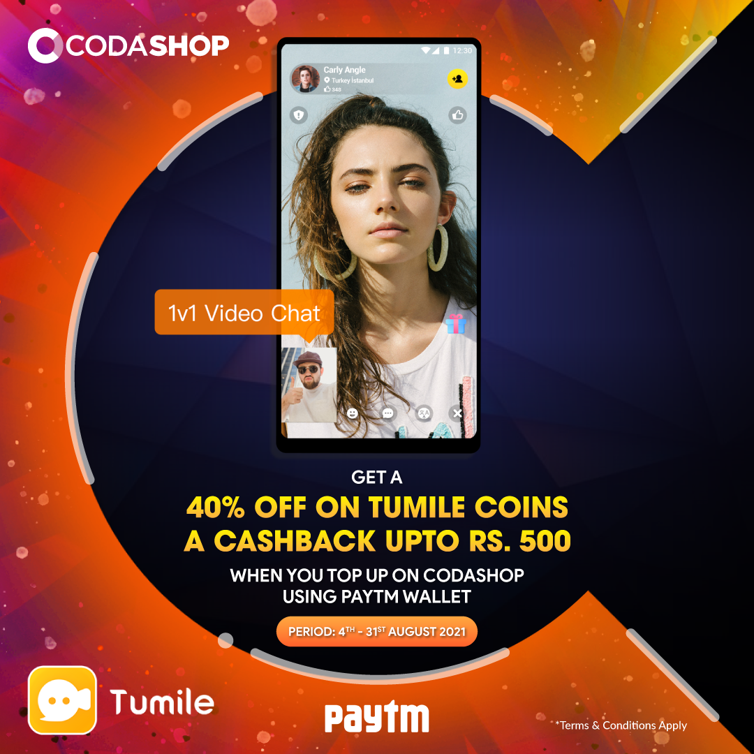 Get 40% Off on Tumile Coins a Cashback upto Rs 500 when you top up Get 40% Off on Tumile Coins a Cashback upto Rs 500 when you top up