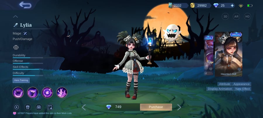 Best heroes in mobile legends Lylia wearing her Special Haunted Doll skin