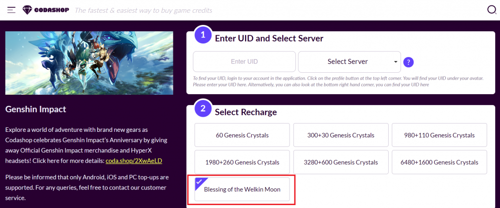 Top up your Blessing of the Welkin Moon at Codashop
