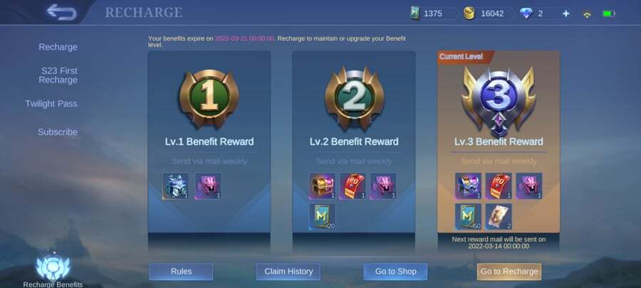 MLBB Benefit Reward Levels