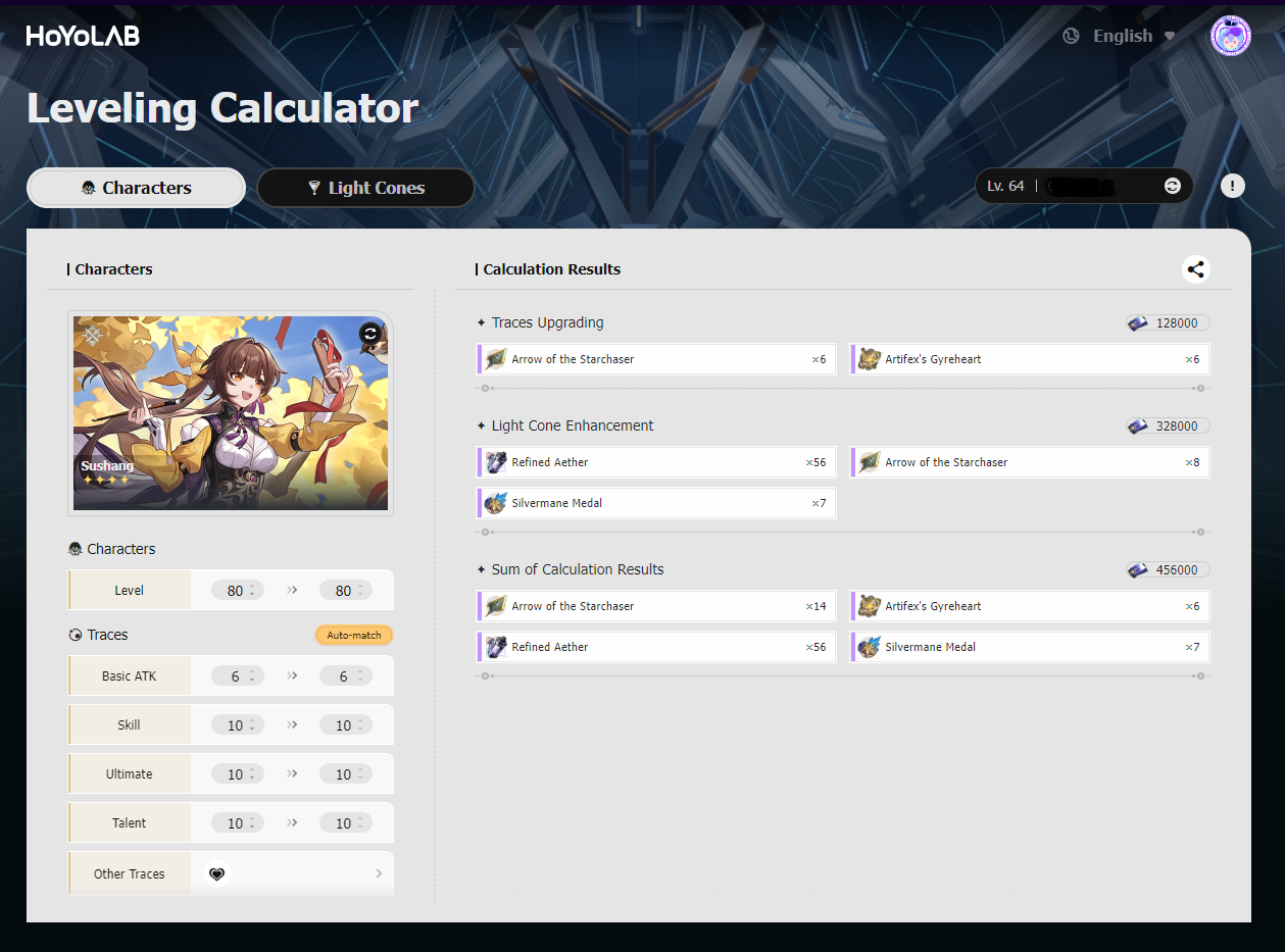 Leveling Calculator 1 HSR