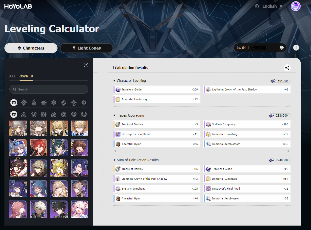 Leveling Calculator Roster HSR